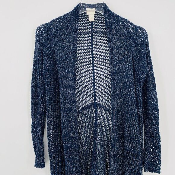 Chico's Size Small Navy Blue Metallic Knit Artisan Fringe Sloane Cardigan - Picture 2 of 7